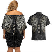Viking Navigator Couples Matching Off Shoulder Short Dress and Hawaiian Shirt Odin's Wisdom in Symbols - Wonder Print Shop