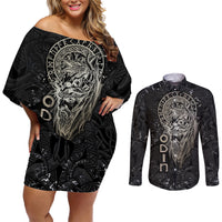 Viking Navigator Couples Matching Off Shoulder Short Dress and Long Sleeve Button Shirts Odin's Wisdom in Symbols - Wonder Print Shop