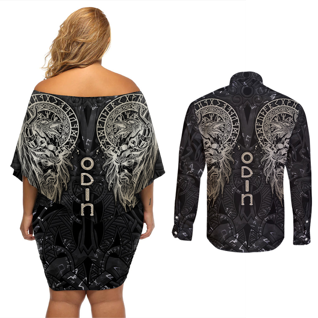 Viking Navigator Couples Matching Off Shoulder Short Dress and Long Sleeve Button Shirts Odin's Wisdom in Symbols - Wonder Print Shop