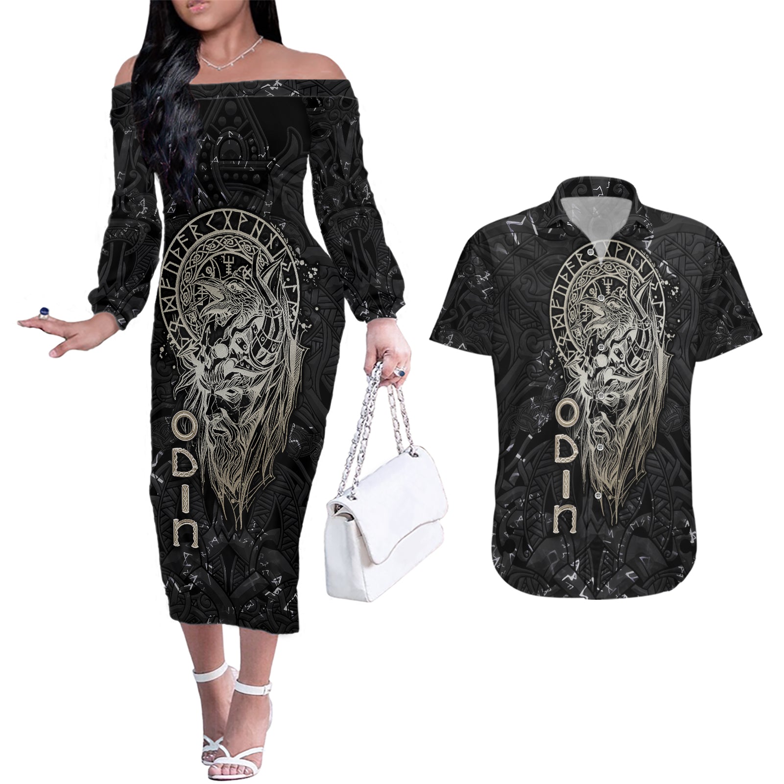 Viking Navigator Couples Matching Off The Shoulder Long Sleeve Dress and Hawaiian Shirt Odin's Wisdom in Symbols - Wonder Print Shop