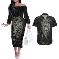 Viking Navigator Couples Matching Off The Shoulder Long Sleeve Dress and Hawaiian Shirt Odin's Wisdom in Symbols - Wonder Print Shop