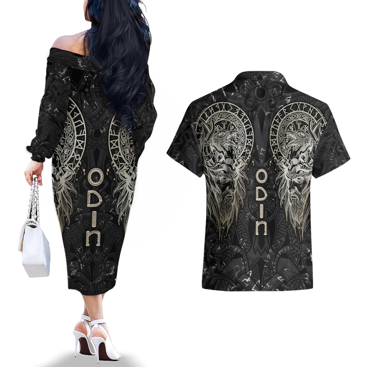Viking Navigator Couples Matching Off The Shoulder Long Sleeve Dress and Hawaiian Shirt Odin's Wisdom in Symbols - Wonder Print Shop