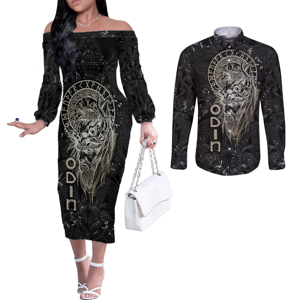 viking-navigator-couples-matching-off-the-shoulder-long-sleeve-dress-and-long-sleeve-button-shirts-odins-wisdom-in-symbols