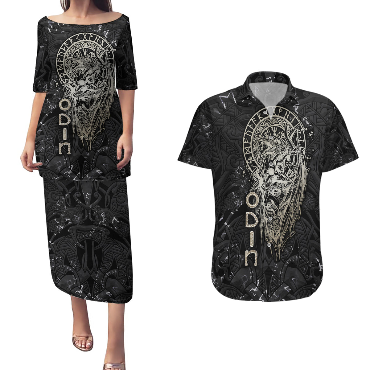 Viking Navigator Couples Matching Puletasi Dress and Hawaiian Shirt Odin's Wisdom in Symbols - Wonder Print Shop