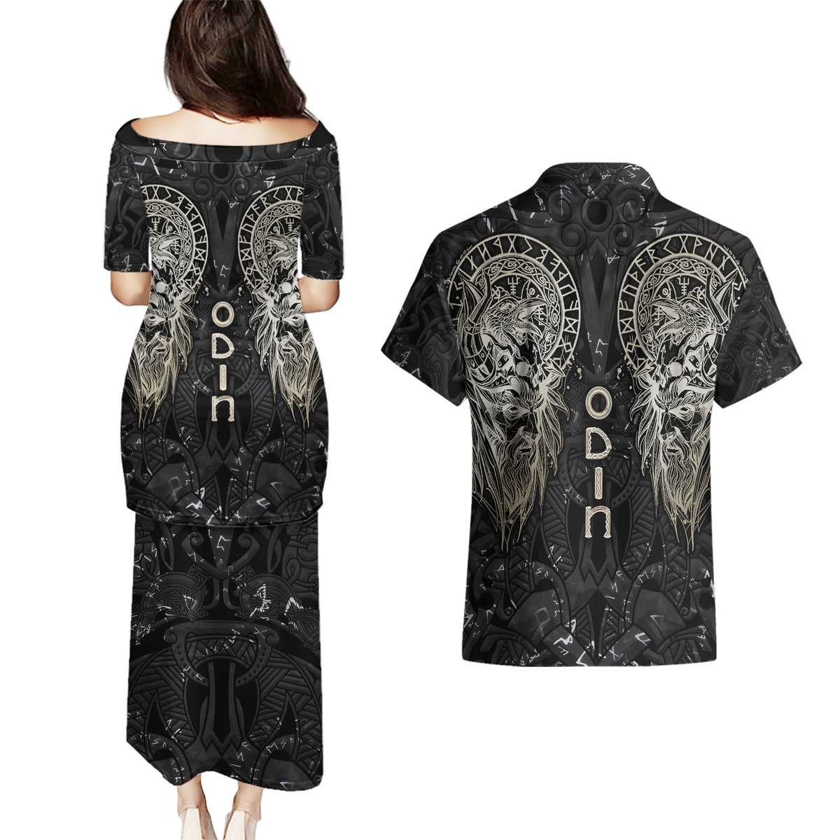 Viking Navigator Couples Matching Puletasi Dress and Hawaiian Shirt Odin's Wisdom in Symbols - Wonder Print Shop
