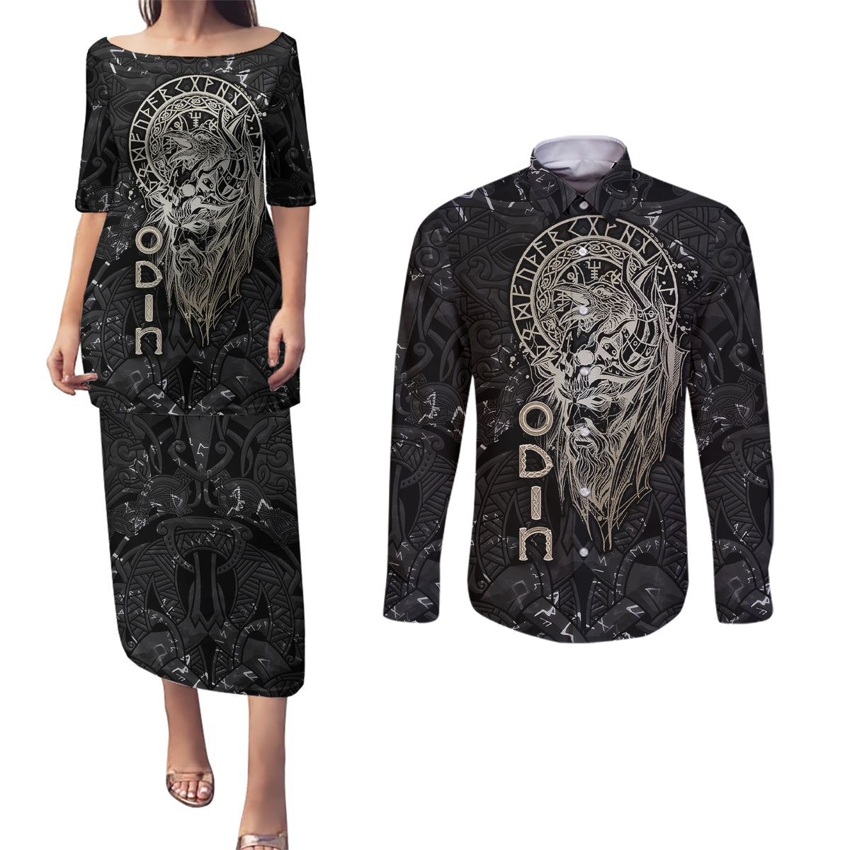 Viking Navigator Couples Matching Puletasi Dress and Long Sleeve Button Shirts Odin's Wisdom in Symbols - Wonder Print Shop