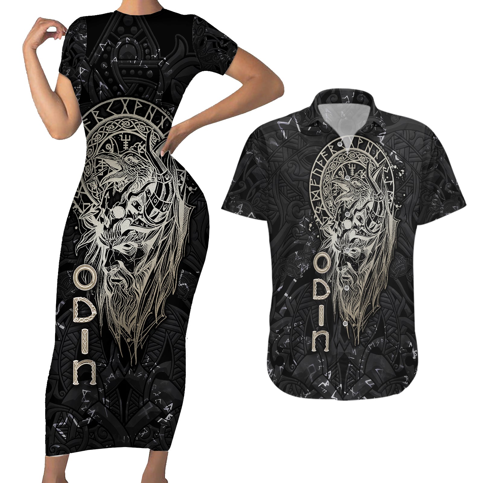 Viking Navigator Couples Matching Short Sleeve Bodycon Dress and Hawaiian Shirt Odin's Wisdom in Symbols - Wonder Print Shop