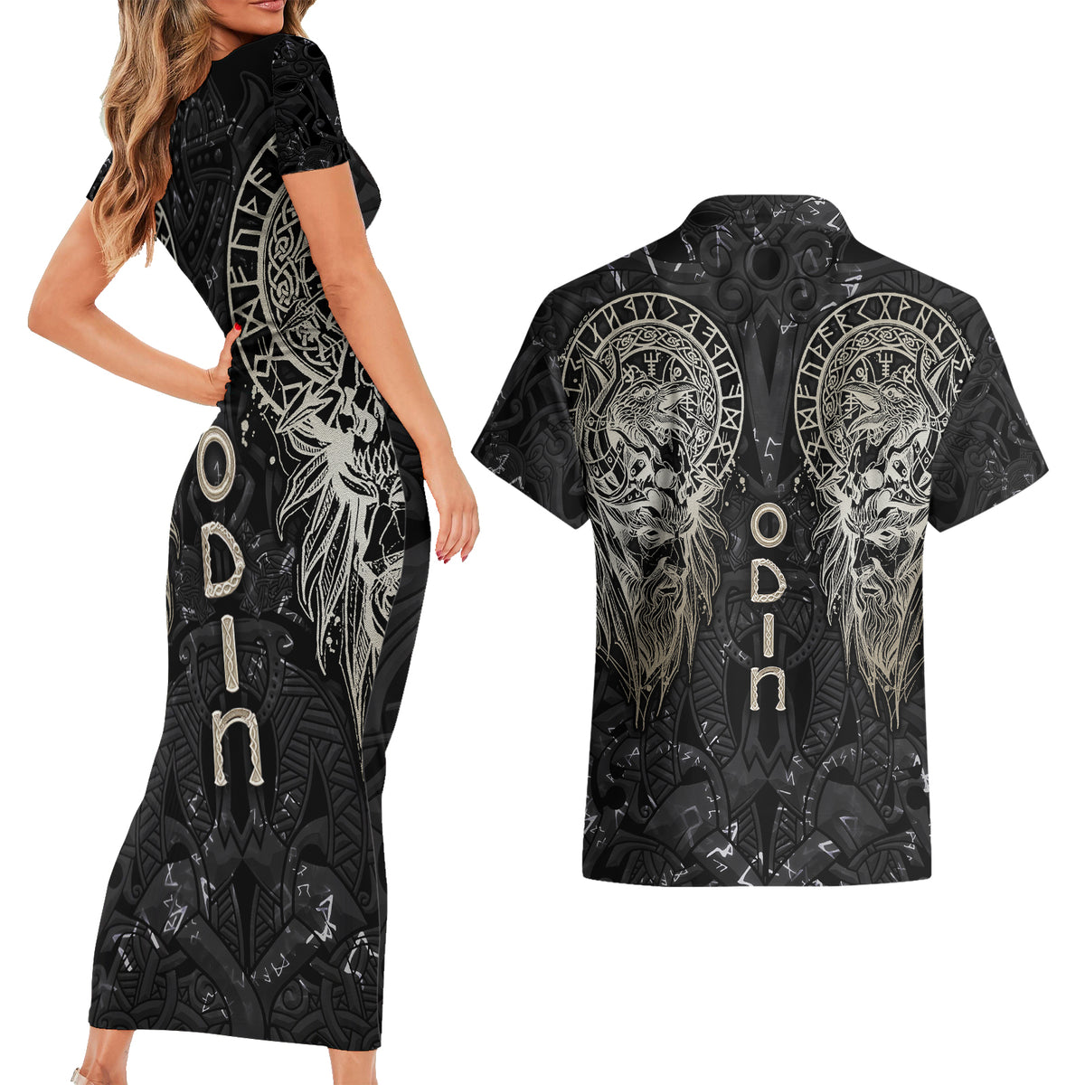 Viking Navigator Couples Matching Short Sleeve Bodycon Dress and Hawaiian Shirt Odin's Wisdom in Symbols - Wonder Print Shop