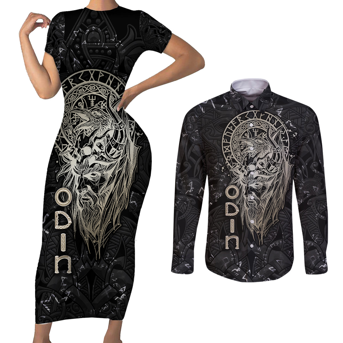 Viking Navigator Couples Matching Short Sleeve Bodycon Dress and Long Sleeve Button Shirts Odin's Wisdom in Symbols - Wonder Print Shop