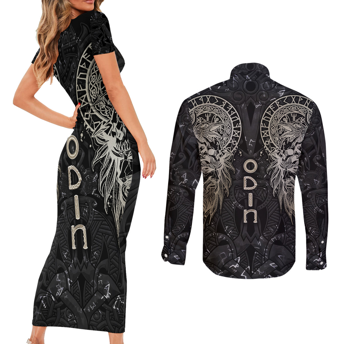Viking Navigator Couples Matching Short Sleeve Bodycon Dress and Long Sleeve Button Shirts Odin's Wisdom in Symbols - Wonder Print Shop