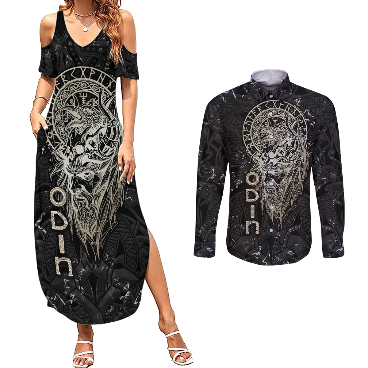 Viking Navigator Couples Matching Summer Maxi Dress and Long Sleeve Button Shirts Odin's Wisdom in Symbols - Wonder Print Shop