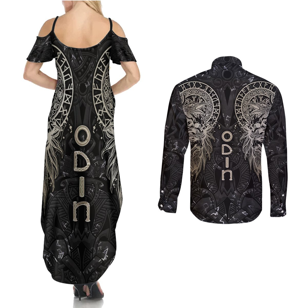 Viking Navigator Couples Matching Summer Maxi Dress and Long Sleeve Button Shirts Odin's Wisdom in Symbols - Wonder Print Shop