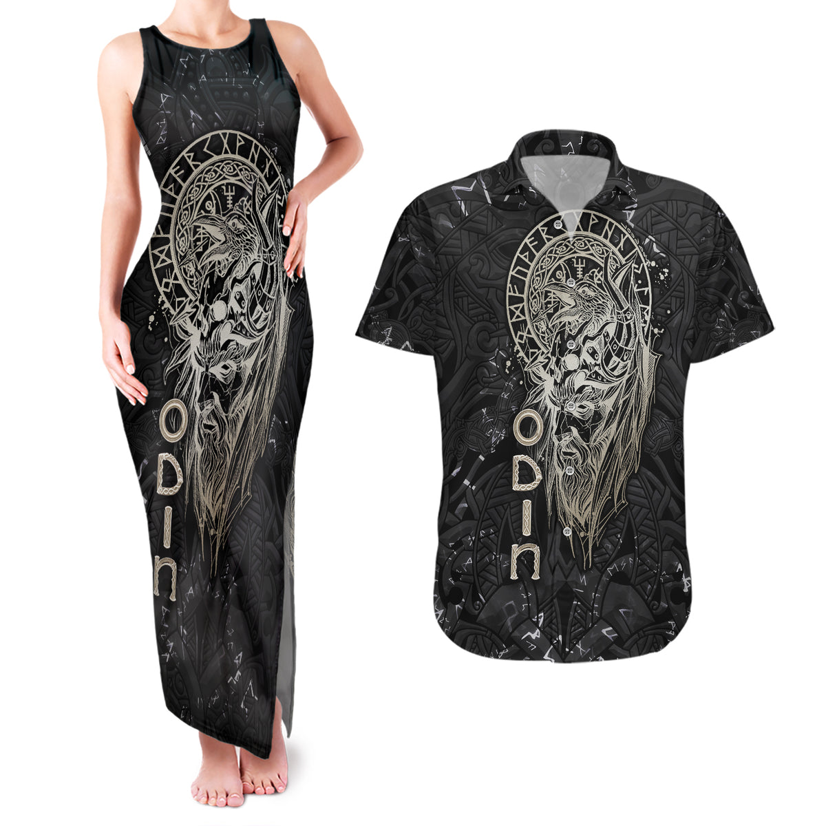 Viking Navigator Couples Matching Tank Maxi Dress and Hawaiian Shirt Odin's Wisdom in Symbols - Wonder Print Shop