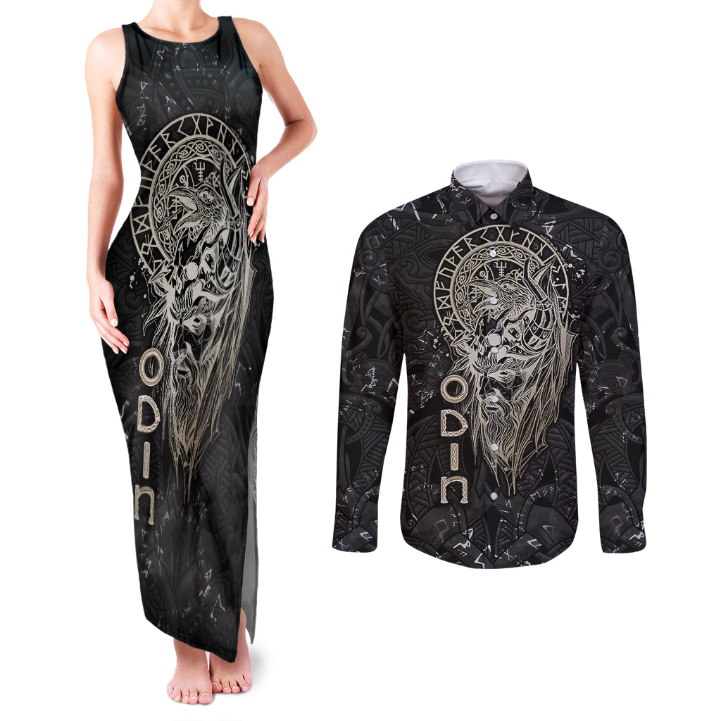 Viking Navigator Couples Matching Tank Maxi Dress and Long Sleeve Button Shirts Odin's Wisdom in Symbols - Wonder Print Shop