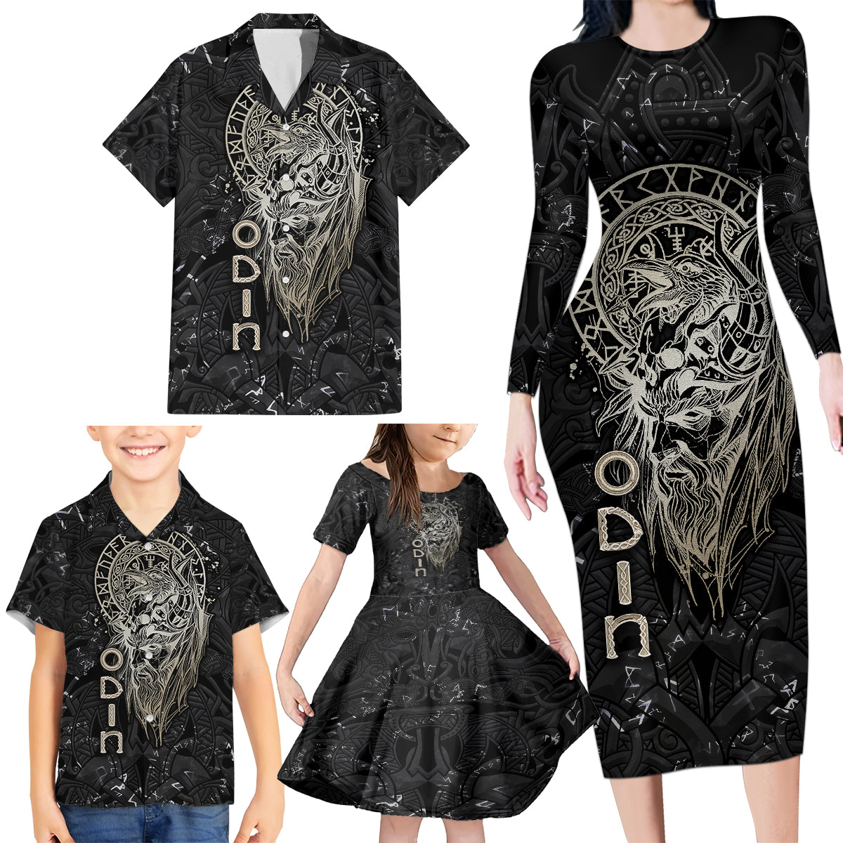 Viking Navigator Family Matching Long Sleeve Bodycon Dress and Hawaiian Shirt Odin's Wisdom in Symbols - Wonder Print Shop