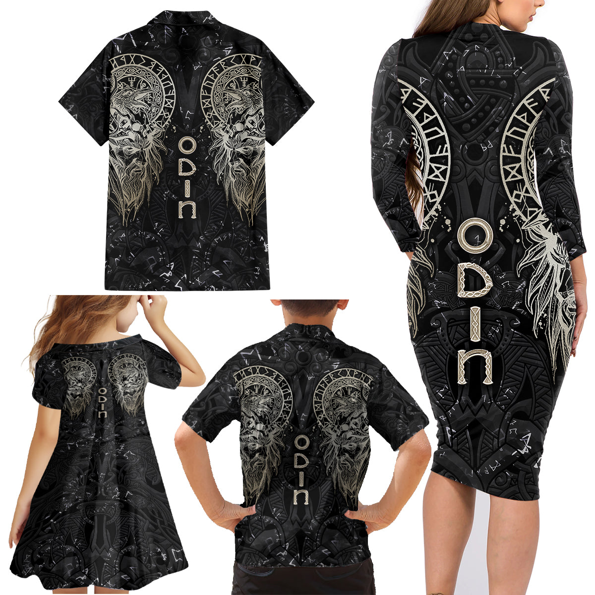 Viking Navigator Family Matching Long Sleeve Bodycon Dress and Hawaiian Shirt Odin's Wisdom in Symbols - Wonder Print Shop