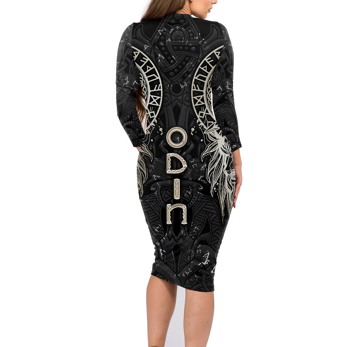 Viking Navigator Family Matching Long Sleeve Bodycon Dress and Hawaiian Shirt Odin's Wisdom in Symbols - Wonder Print Shop