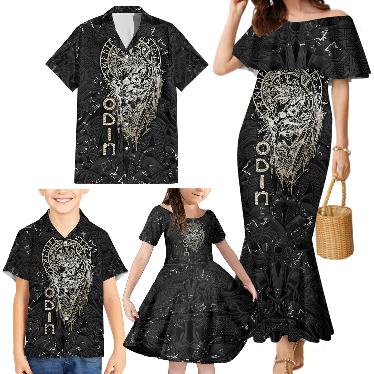 Viking Navigator Family Matching Mermaid Dress and Hawaiian Shirt Odin's Wisdom in Symbols - Wonder Print Shop