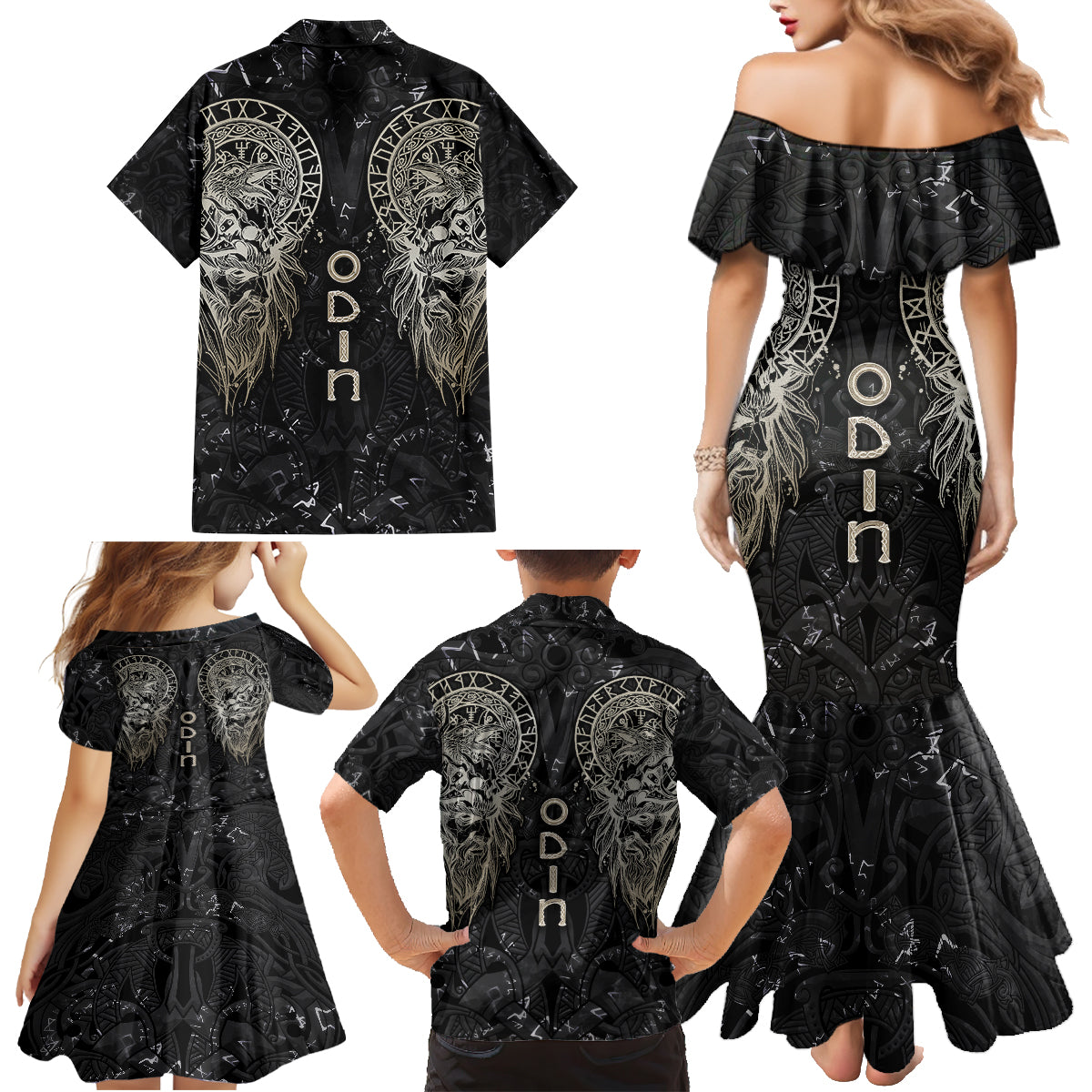 Viking Navigator Family Matching Mermaid Dress and Hawaiian Shirt Odin's Wisdom in Symbols - Wonder Print Shop