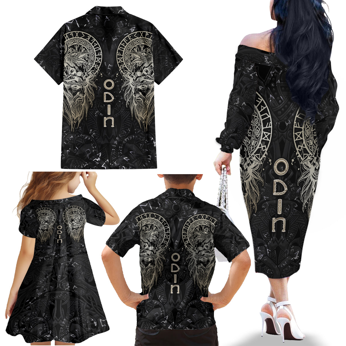 Viking Navigator Family Matching Off Shoulder Long Sleeve Dress and Hawaiian Shirt Odin's Wisdom in Symbols - Wonder Print Shop