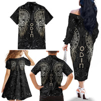 Viking Navigator Family Matching Off Shoulder Long Sleeve Dress and Hawaiian Shirt Odin's Wisdom in Symbols - Wonder Print Shop