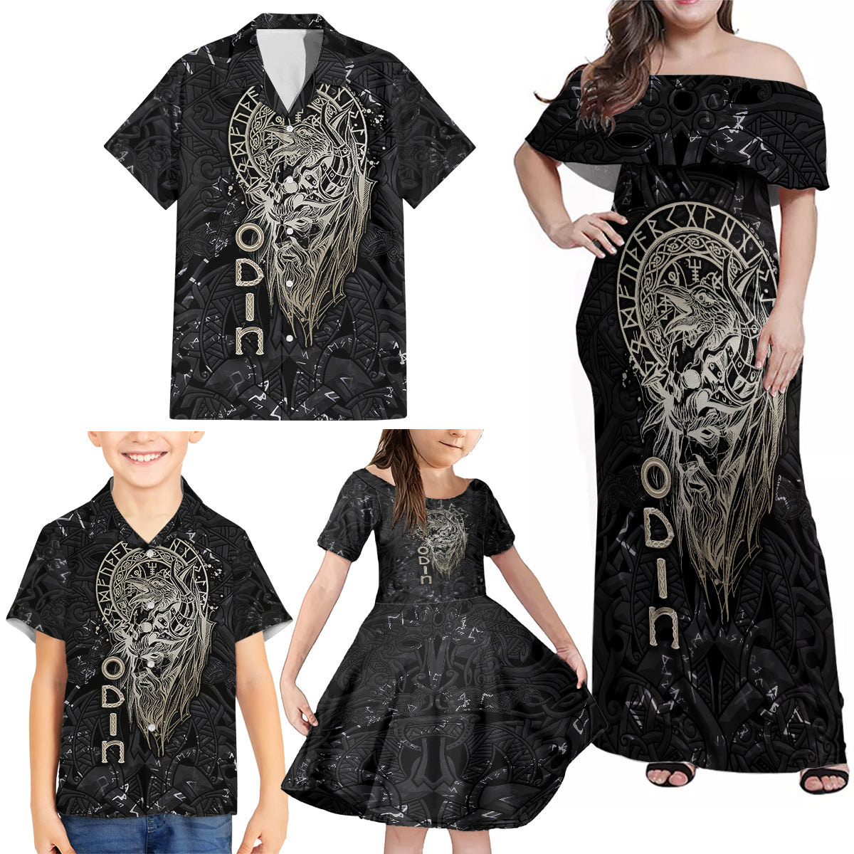 Viking Navigator Family Matching Off Shoulder Maxi Dress and Hawaiian Shirt Odin's Wisdom in Symbols - Wonder Print Shop