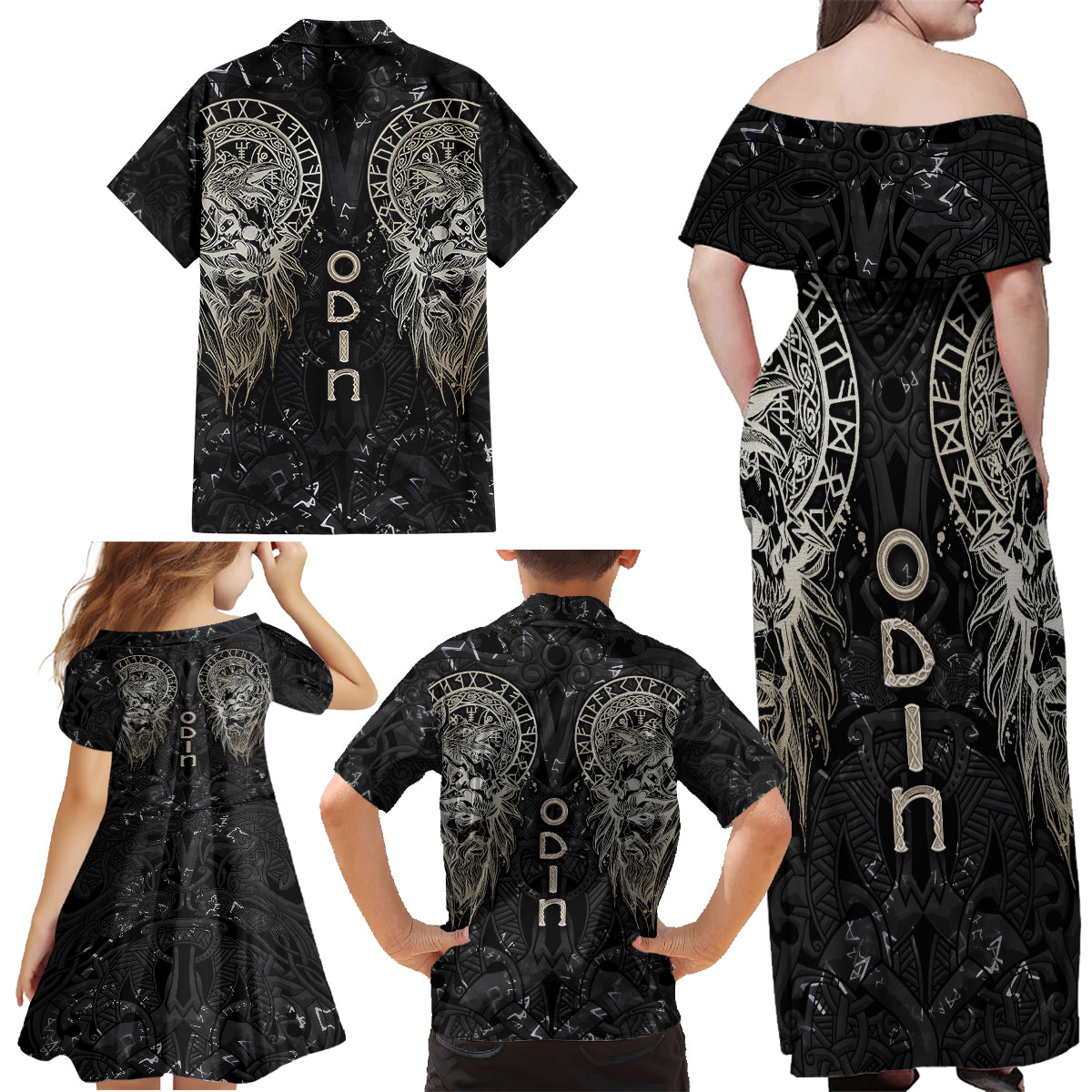 Viking Navigator Family Matching Off Shoulder Maxi Dress and Hawaiian Shirt Odin's Wisdom in Symbols - Wonder Print Shop