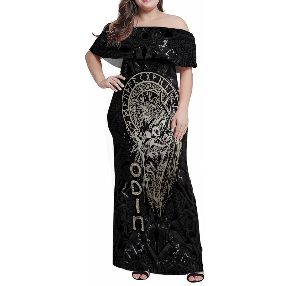 Viking Navigator Family Matching Off Shoulder Maxi Dress and Hawaiian Shirt Odin's Wisdom in Symbols - Wonder Print Shop