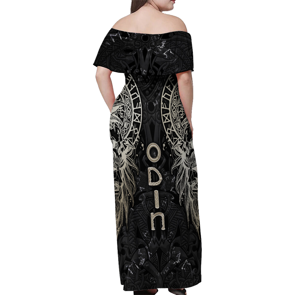 Viking Navigator Family Matching Off Shoulder Maxi Dress and Hawaiian Shirt Odin's Wisdom in Symbols - Wonder Print Shop