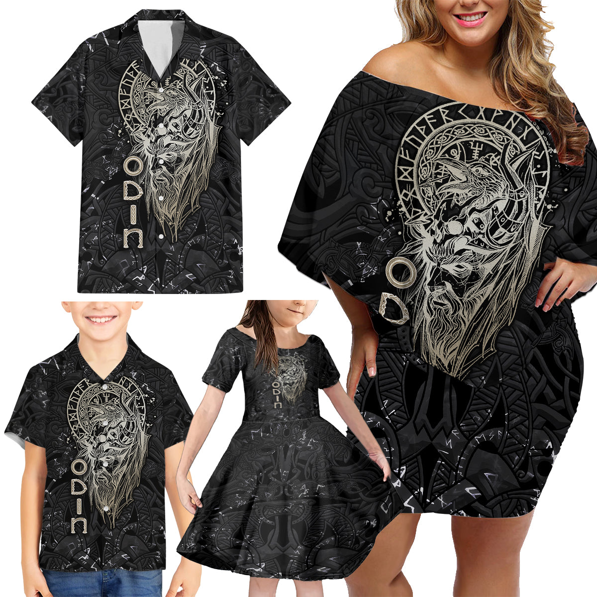 Viking Navigator Family Matching Off Shoulder Short Dress and Hawaiian Shirt Odin's Wisdom in Symbols - Wonder Print Shop