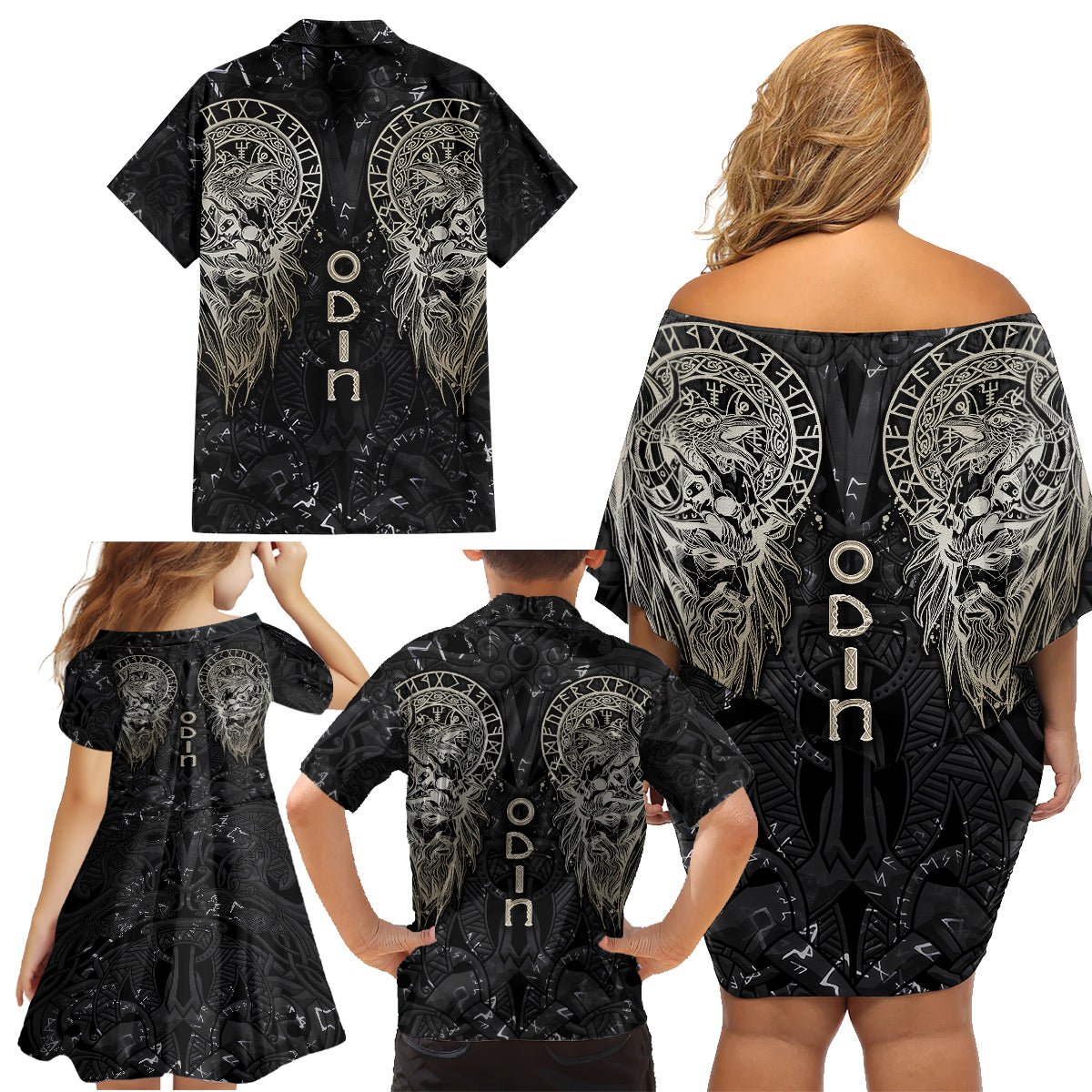 Viking Navigator Family Matching Off Shoulder Short Dress and Hawaiian Shirt Odin's Wisdom in Symbols - Wonder Print Shop