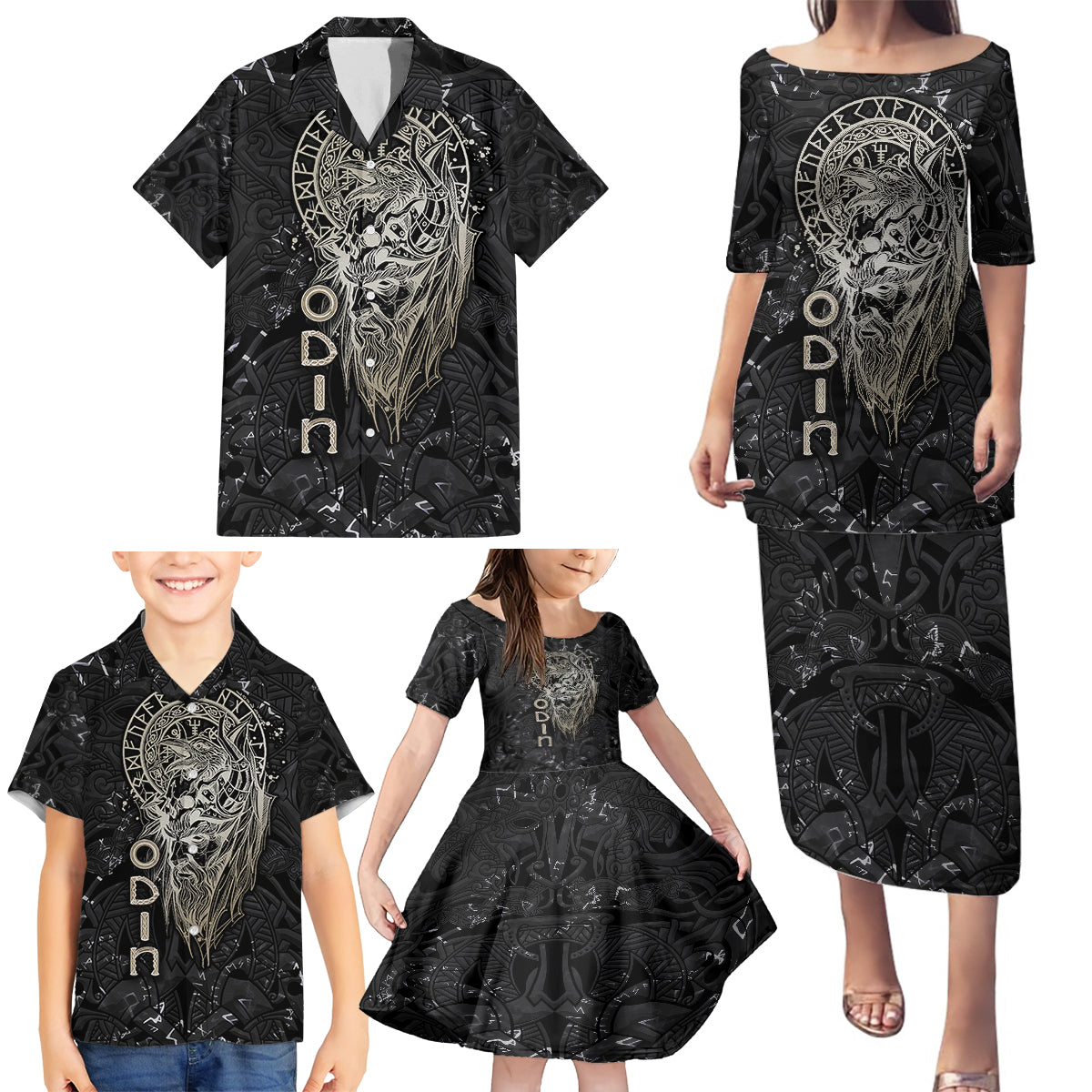 Viking Navigator Family Matching Puletasi Dress and Hawaiian Shirt Odin's Wisdom in Symbols - Wonder Print Shop