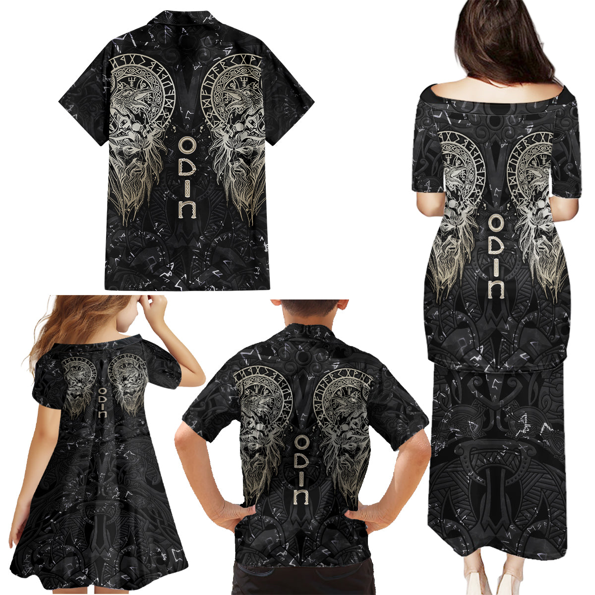 Viking Navigator Family Matching Puletasi Dress and Hawaiian Shirt Odin's Wisdom in Symbols - Wonder Print Shop