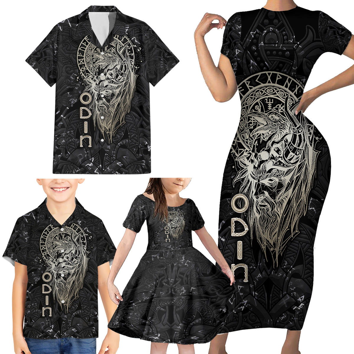 Viking Navigator Family Matching Short Sleeve Bodycon Dress and Hawaiian Shirt Odin's Wisdom in Symbols - Wonder Print Shop