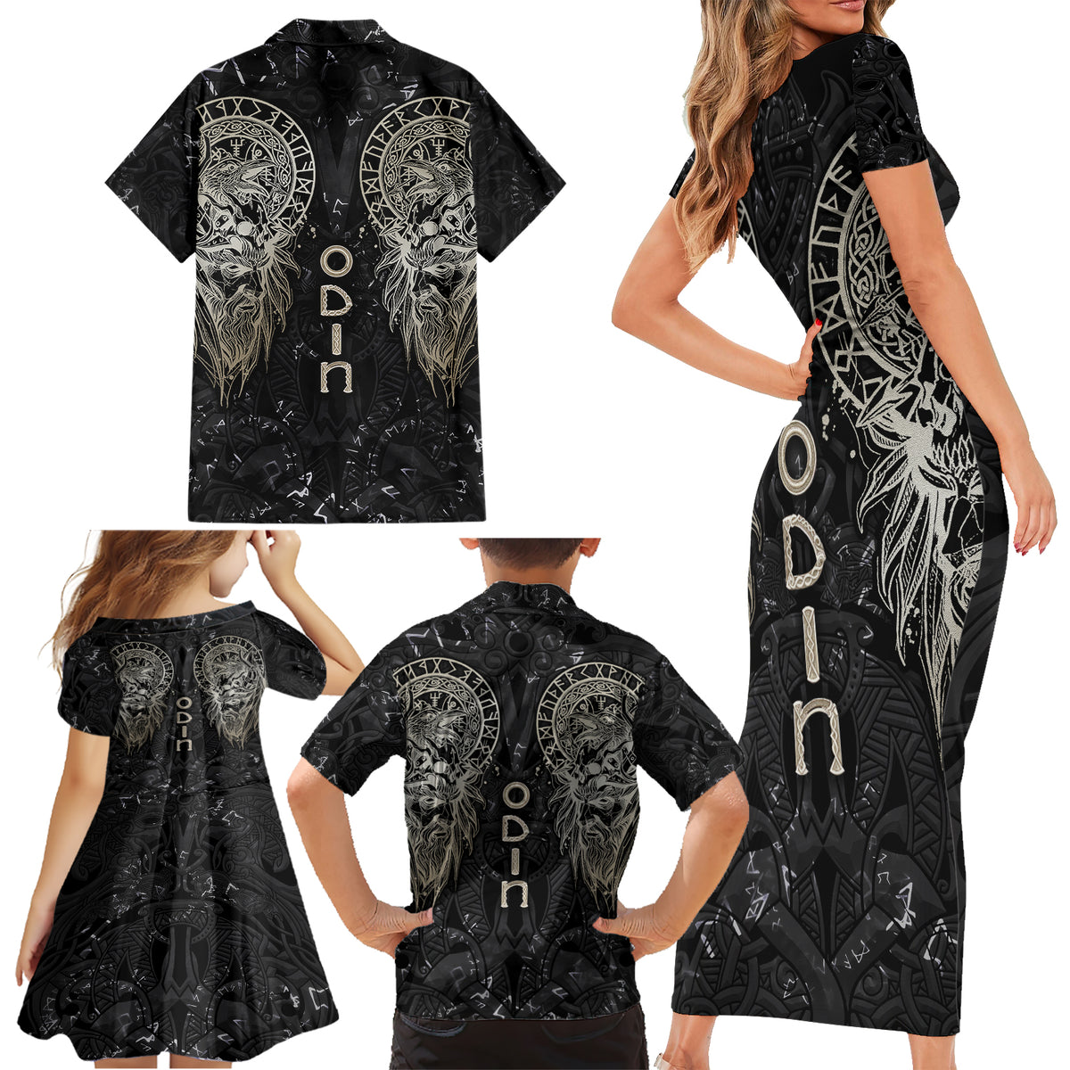 Viking Navigator Family Matching Short Sleeve Bodycon Dress and Hawaiian Shirt Odin's Wisdom in Symbols - Wonder Print Shop