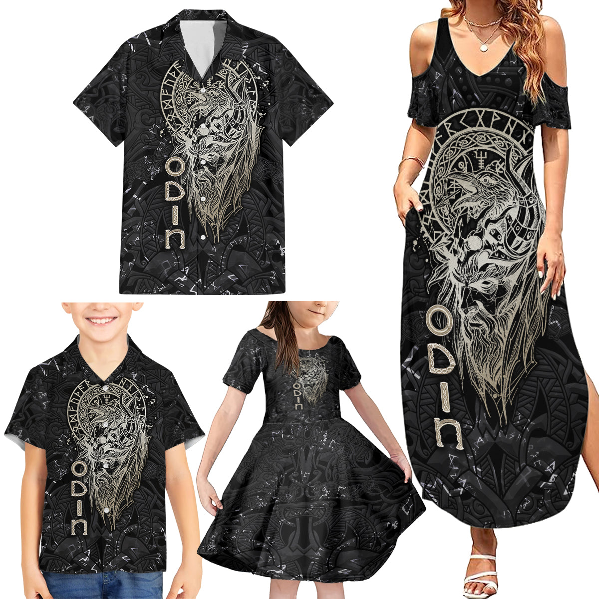 Viking Navigator Family Matching Summer Maxi Dress and Hawaiian Shirt Odin's Wisdom in Symbols - Wonder Print Shop
