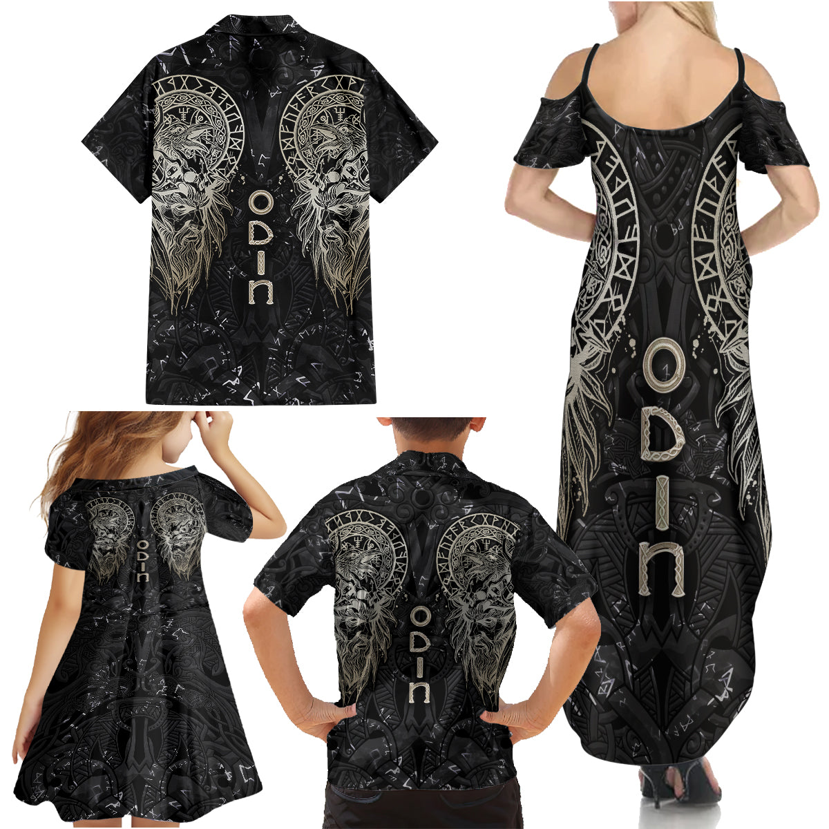 Viking Navigator Family Matching Summer Maxi Dress and Hawaiian Shirt Odin's Wisdom in Symbols - Wonder Print Shop