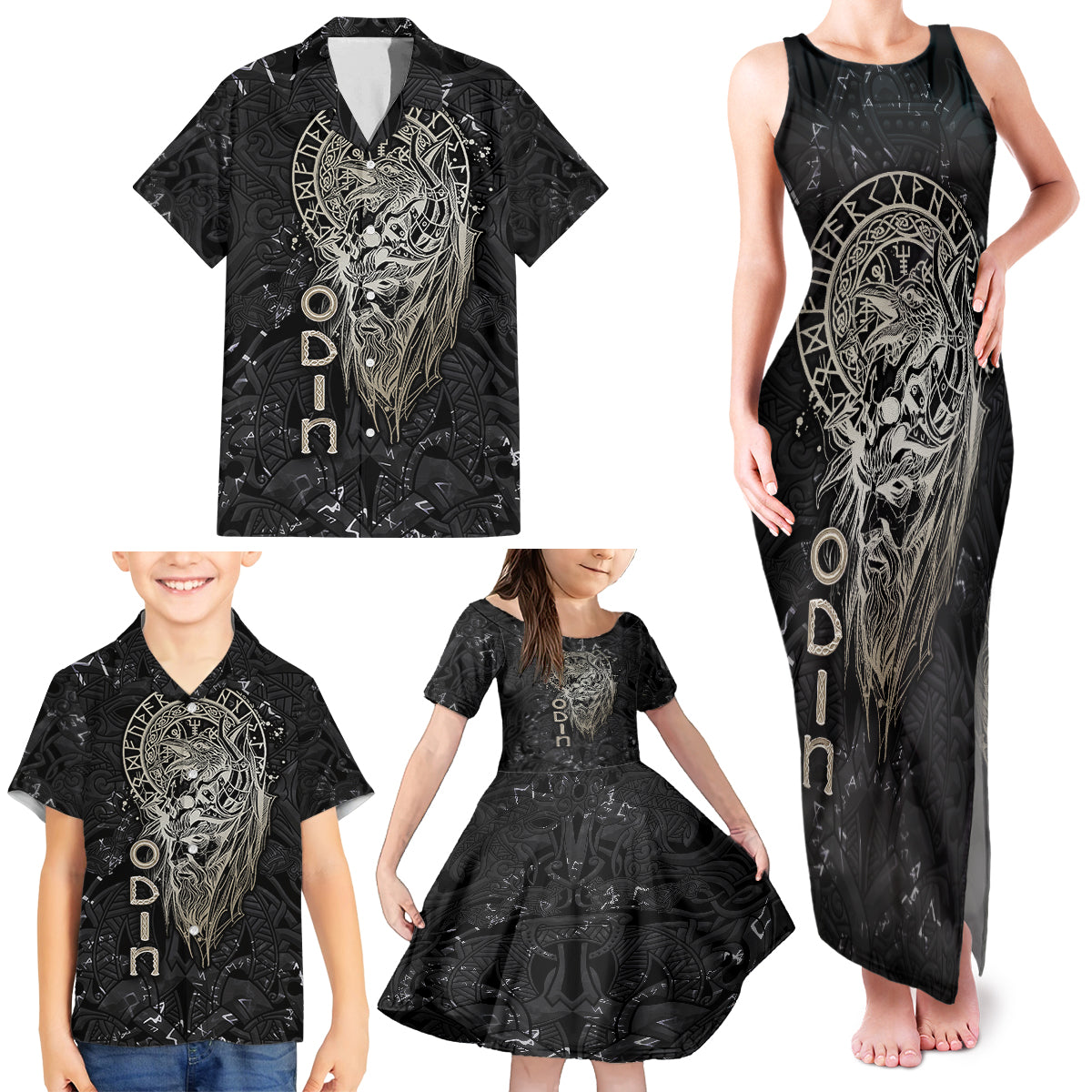 Viking Navigator Family Matching Tank Maxi Dress and Hawaiian Shirt Odin's Wisdom in Symbols - Wonder Print Shop