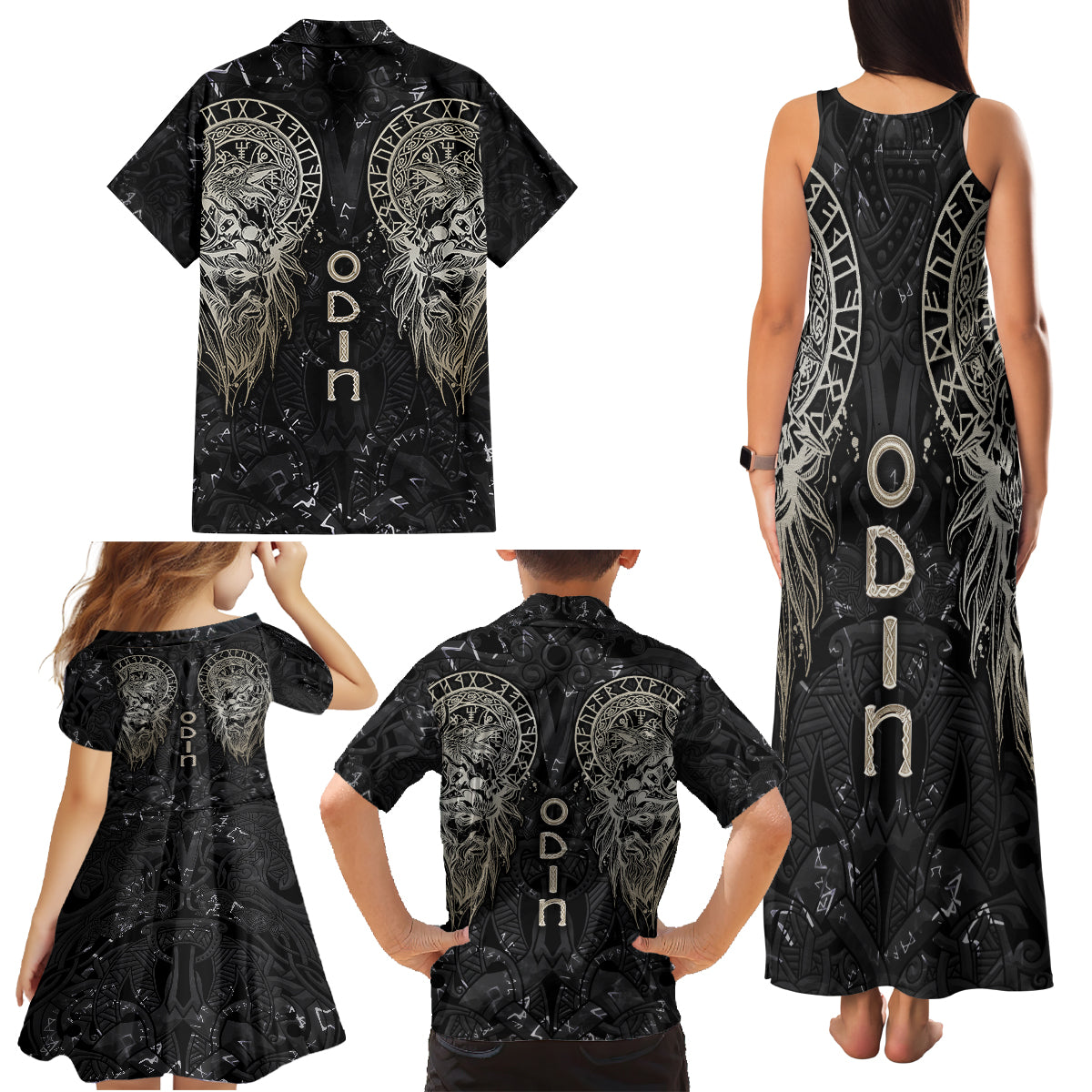 Viking Navigator Family Matching Tank Maxi Dress and Hawaiian Shirt Odin's Wisdom in Symbols - Wonder Print Shop