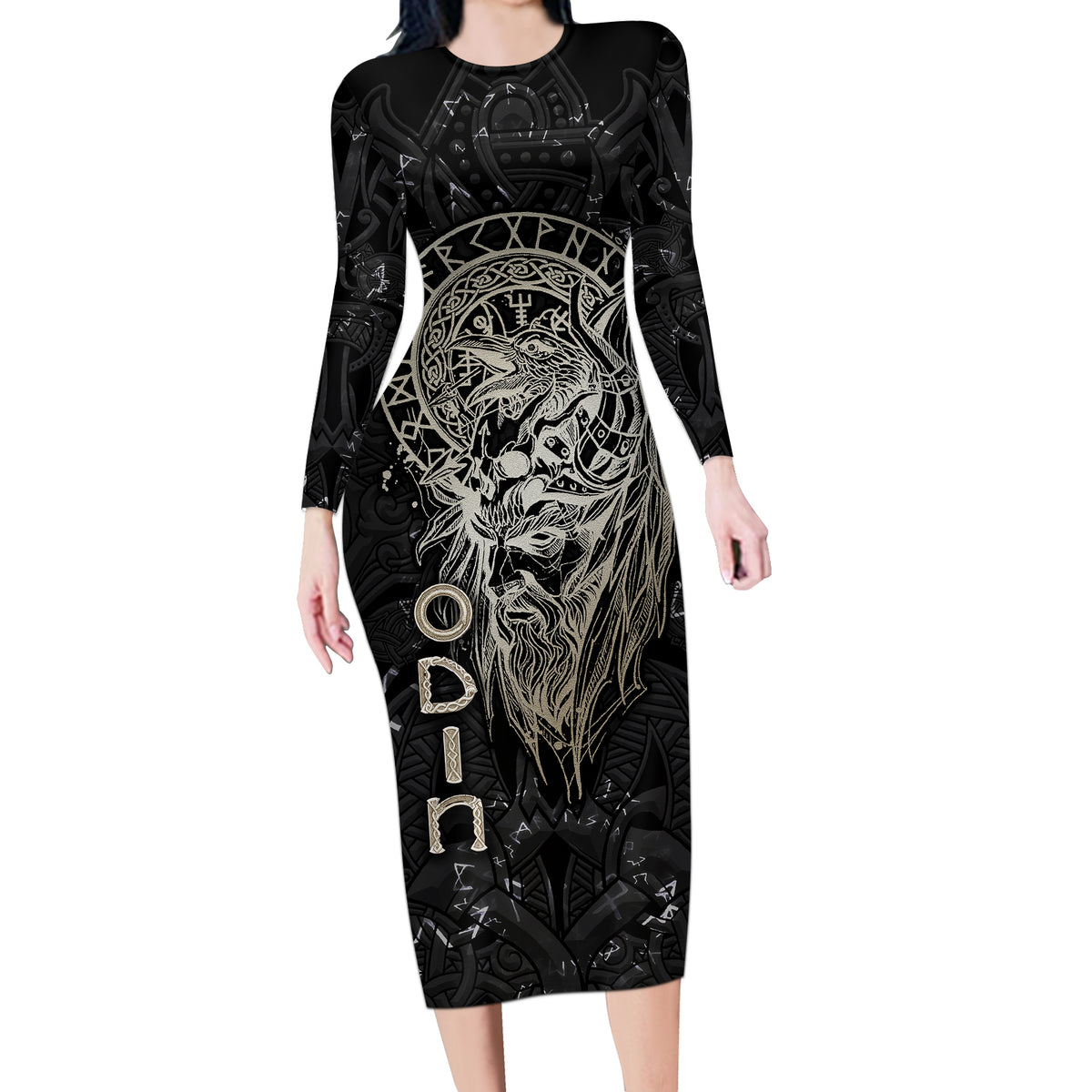 Viking Navigator Long Sleeve Bodycon Dress Odin's Wisdom in Symbols - Wonder Print Shop