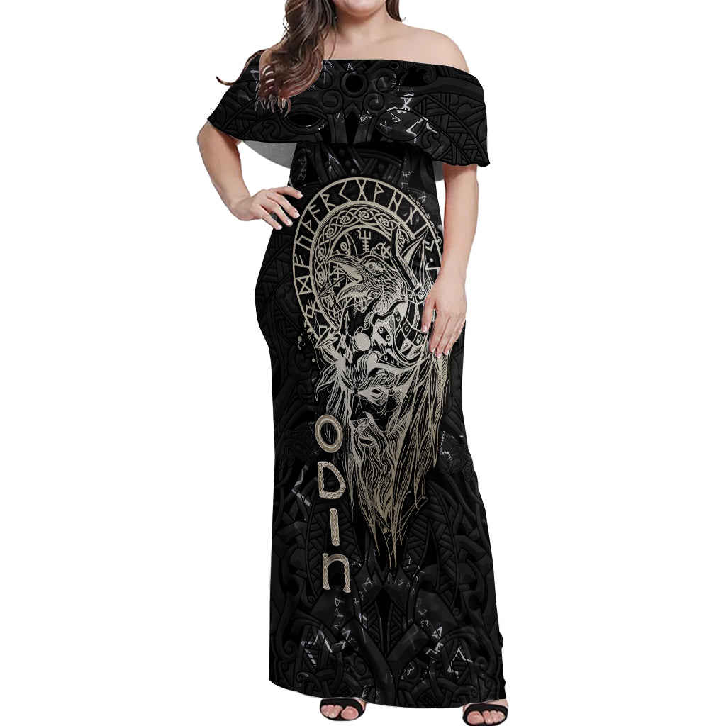 Viking Navigator Off Shoulder Maxi Dress Odin's Wisdom in Symbols - Wonder Print Shop