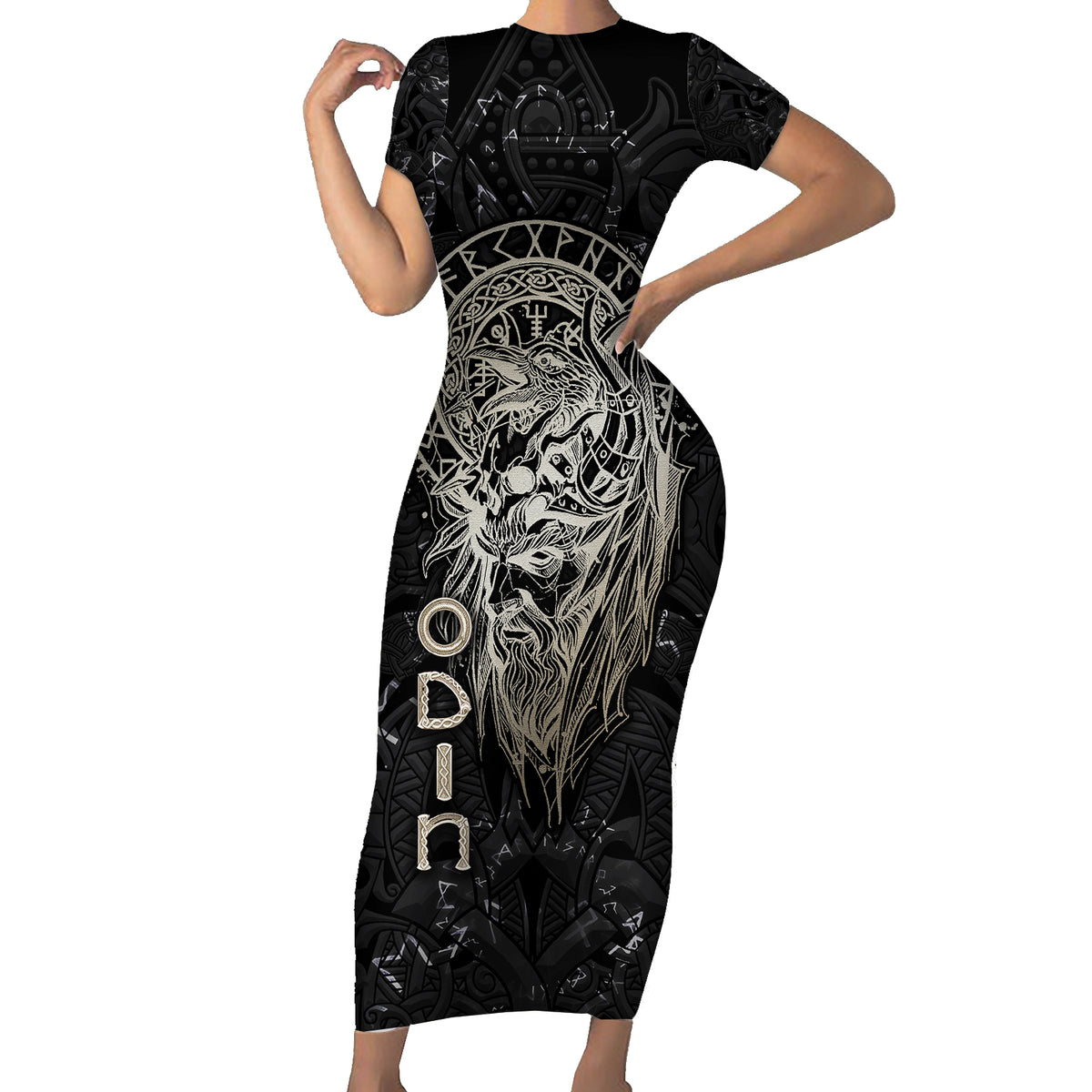 Viking Navigator Short Sleeve Bodycon Dress Odin's Wisdom in Symbols - Wonder Print Shop