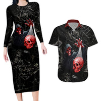 Hello Darkness My Old Friend Skull Couples Matching Long Sleeve Bodycon Dress and Hawaiian Shirt - Wonder Print Shop
