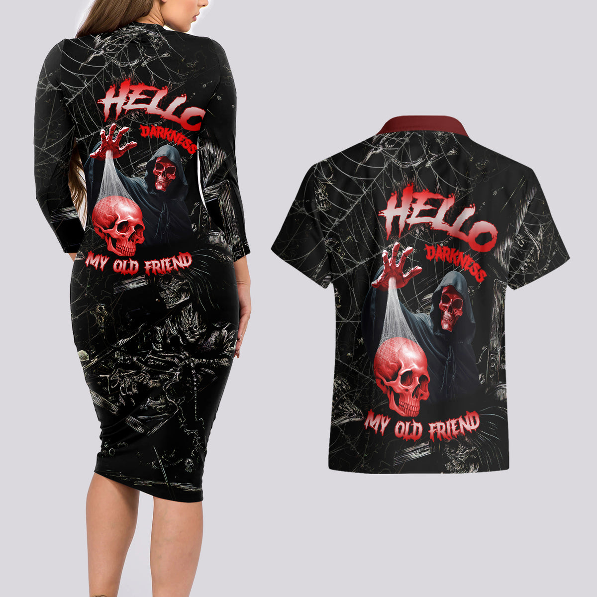 Hello Darkness My Old Friend Skull Couples Matching Long Sleeve Bodycon Dress and Hawaiian Shirt - Wonder Print Shop