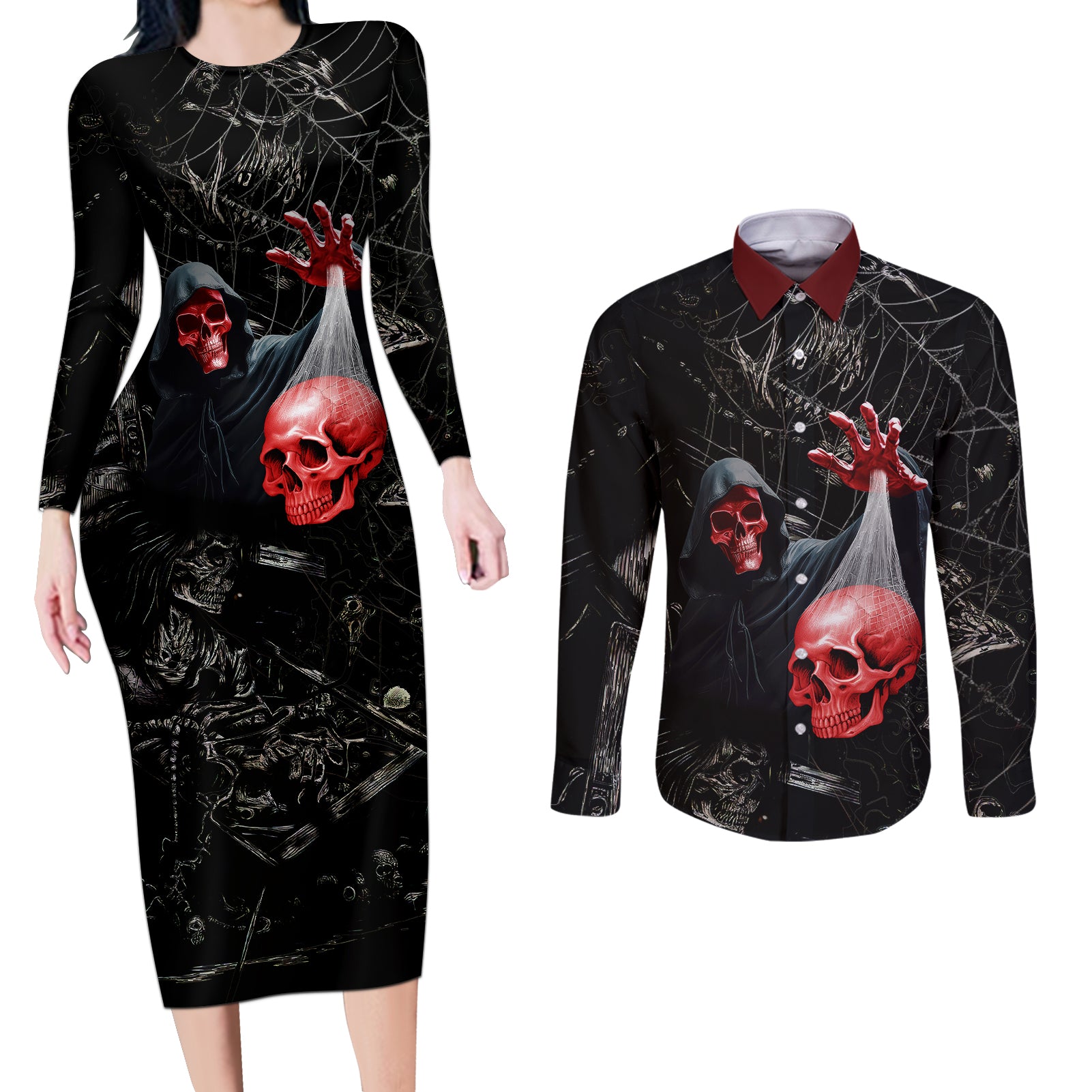 Hello Darkness My Old Friend Skull Couples Matching Long Sleeve Bodycon Dress and Long Sleeve Button Shirts - Wonder Print Shop