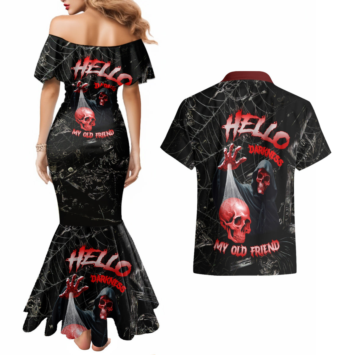 Hello Darkness My Old Friend Skull Couples Matching Mermaid Dress and Hawaiian Shirt - Wonder Print Shop