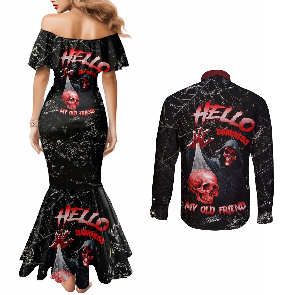 hello-darkness-my-old-friend-skull-couples-matching-mermaid-dress-and-long-sleeve-button-shirts