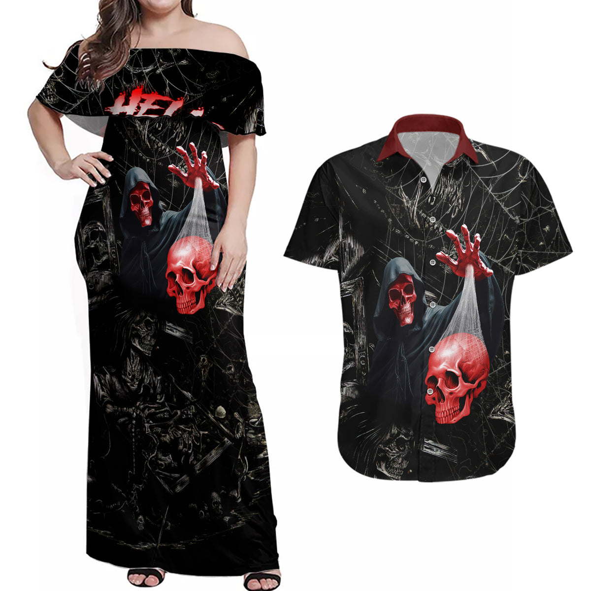 Hello Darkness My Old Friend Skull Couples Matching Off Shoulder Maxi Dress and Hawaiian Shirt - Wonder Print Shop
