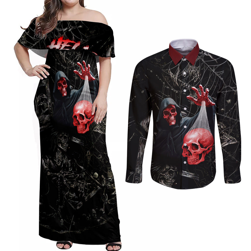 Hello Darkness My Old Friend Skull Couples Matching Off Shoulder Maxi Dress and Long Sleeve Button Shirts - Wonder Print Shop