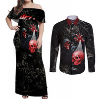 Hello Darkness My Old Friend Skull Couples Matching Off Shoulder Maxi Dress and Long Sleeve Button Shirts - Wonder Print Shop